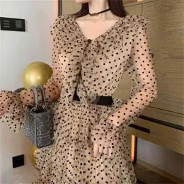 Wczesna jesień Vintage Gold Line Polka Dot Cake Długość kostki Dress High Waist V-Neck Potargled Kobiet 210603