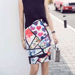 Women's Heart Print Skirts Summer Cartoon Cat Pencil skirt Digital Graphic womens Sexy Mini Skirts Split Lady Female Falda SP612 X0428