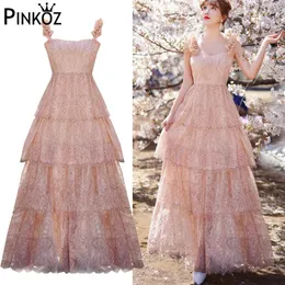 Vestido Maxi Estilista de Moda de Verão Feminino Alça Espaguete Lindas Flores Ruched Renda Vintage Festa Vestidos Rosa za 210421