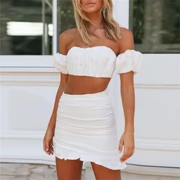Casual Croped Mini Dress Summer Off The Shoulder Beach Sundress Women White es Short Two Pieces Set 210427
