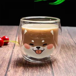 200ML Korean Cute Shiba Inu Mugs Double Glass Breakfast Milk Mug Kawaii Cartoon Coffee Tea Cup Ladies Juice Cups 220311