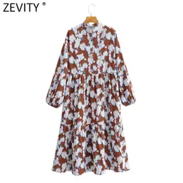 ZEVITY Kadınlar Vintage Standı Yaka Fener Sleve Casual Gevşek Midi Elbise Kadın Kravat Boyalı Çiçek Boyama Chic Vestido DS4742 210603