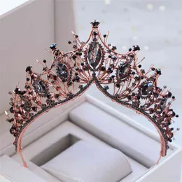 KMvexo Baroque Rose Gold Black Crystal Bridal Tiara Diadem Pagant Krona För Brudar Headband Bröllop Hår Tillbehör 210707