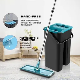 360 Rotating Hand Free Flat Squeeze Mop With Bucket Washing Floor Cleaning Microfiber Pads Wet Dry Usage Home Kitchen Tools 211215
