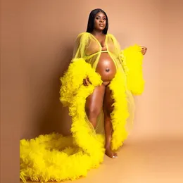 Jasne żółte kobiety w ciąży sukienka seksowna fotografia szaty pneumatyczne ruffles szata wielopoziomowa suknia szlafrok sen sendress femme