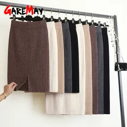 Spring Autumn Elastic Band Knitted skirts for women Warm slim High Waist Straight Skirt Ribbed women's Casual maxi skirt 210428