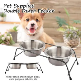 With Stand Pet Supplies Double Diner Feeder Feeding Anti Slip Dog Bowl Stainless Steel Removable Raised Home Garden Easy Clean Y200922