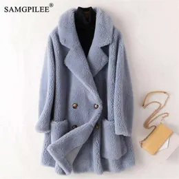 Abrigo de piel real de alta calidad de lana australiana para mujer gruesa cálida elegante suelta tamaño grande ropa larga invierno para mujeres 210928