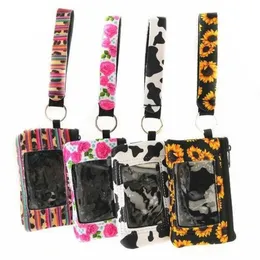 Print Sunflower Leopard card Holders Cow Flower MultiFunction Neoprene Passport Cover ID Wristlets Clutch Coin Wallet With Keychain 10 colors 100pcs