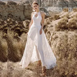 White Jumpsuit Overskirts 2021 Wedding Dresses Bridal Gowns Halter Neck Lace Appliqued Bride Pants Suit Floor Length Satin Vestidos De Novia