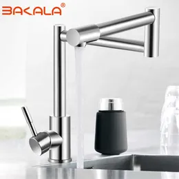 BAKALA 304 Stainless Steel Lead-free Folding Kitchen Faucet Mixer 360 Degree Swivel Single Handle Nickel Kitchen Sink basin Taps 210724