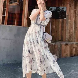 Letnia damska styl etniczny styl V-Neck Drukuj Szyfonowa Dress Moda High Paist Casual Slim Sukienki Szata 210519