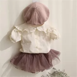 Korean Style Summer Toddlers Girls Cotton Shirts Ruffles Collar Puff Sleeve Baby Kids Tops Cute Blouses Infants Clothes 210521