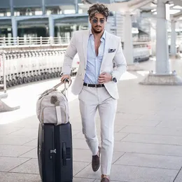 Handsome Summer Linen Mens Customized Wedding Tuxedos Slim Fit Two Button Jacket Business Party Prom Blazer 2 Piece