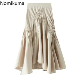 Nomikuma A-Line Spódnica Kobieta Moda Czarny Biały Nieregularny Plised Mid Calf Spódnice Kobiety Solidna Kolor Jupe Longue Femme 3D612 210514