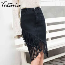 Tataria Tassel Нерегулярная джинсовая юбка женская высокая талия качества индивидуальность колена элегантный офис S 210514