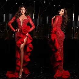 Glamorous Red Prom Dresses Multilayered Ruffles Deep V Neck Evening Dress Custom Made Sequins Beading Side Split Trumpet Celebrity Party Gown