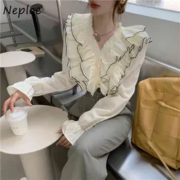 Elegant Ruffles Patchwork French Blouse Women V Neck Pullover Long Sleeve Blusas Spring Ol Shirt Feminino 210521