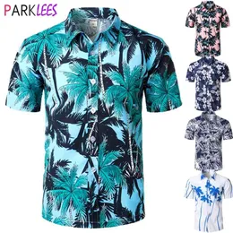 Męskie wakacje Casual Krótki Rękaw Aloha Hawaiian Koszula Palm Drukowane Tropikalne Blue Shirts Camisa Hawaiana 210809