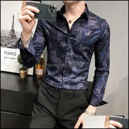 Homens casuais camisas vestuário roupas britânicas estilo de negócios homens 2021 outono moda impressão digital manga longa slim fit blusa forma