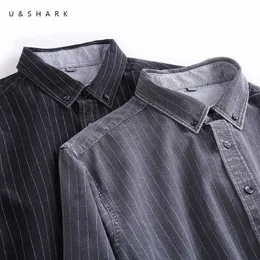 男性のためのUSハークの細い縞模様のシャツのための韓国の服の男性のシャツ長袖100％コットンシャツビジネスの社会的な男性のオフィスの服210603