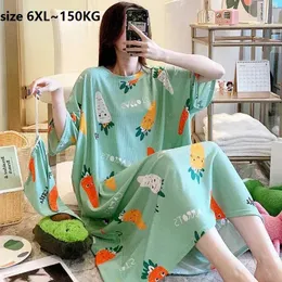 Large size 6XL 150KG Long Night Dress Short Sleeve Women O-Neck Cartoon Printed Sleepwear Casual Oversized Summer Home 210924