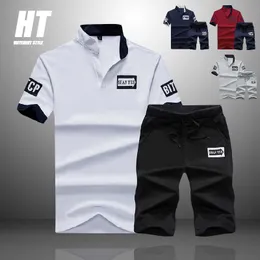 Tracksuit Men Sets Summer 2 Pieces Sportswear Set+ Gym Fitness Sport Shorts Casual Letter Printing Polo Sweat Suit 4XL 210603