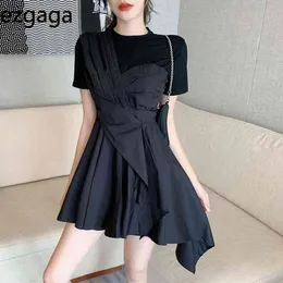 Ezgaga oregelbunden lapptäcke Chic Kvinnor Klänning Koreansk Fashion Short Sleeve Sommar Ny O Neck Elegant Klänning Vestidos Feminino 210430