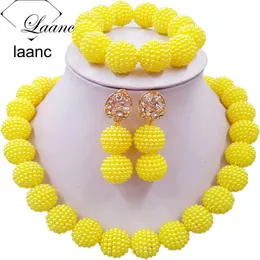 Laanc Yellow Simulated Pearl Beads African Jewelry Set Nigerian Wedding Necklace SP1R012 H1022