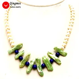 ペンダントネックレスQINGMOS NATURAL 20MM BIWA GREEN PEARL NECKLACE 6-7mm丸い白い青いジェイド17 ''チョーカーの女性向け