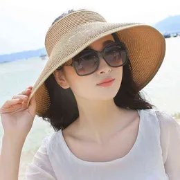 Vår sommar strå hatt Visor Cap Foldbar bred Stor Brim Sun Hat Beach Hattar för kvinnor Straw Hat grossist Chapeau G220301