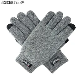 Bruceriver stickade handskar i ren ull för män med pekskärm med Thinsulate-foder och elastisk ribbmanschett H0818