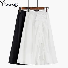 Coreano Irregular Drawstring Branco Ferramentas Ferramentas Saia Estudante Vintage A-Linha Alta Cintura Plissada Saia Mulheres Saia Streetwear 210619