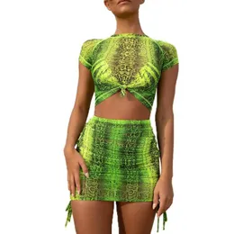 Tvådelt klänning sexig sommar Boho 2 Set Neon Snake Print Women Crop Top Shorts Ladies Matching Mesh Club Outfits