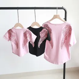 Angel Wings T-Shirt Mother and Daughter Sequins embroidery Cotton Parent-Child Family Matching Outfits Clothes E1555 210610