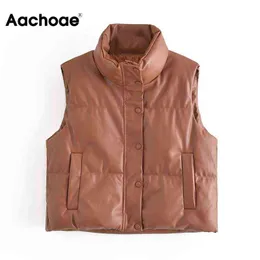 Aachoee mulheres outono inverno pu faux couro parka casacos sólidos único colete breasted com bolsos feminino moda casual casaco 211118