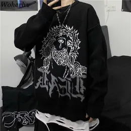 Woherb Harajuku Sweater Women Man Punk Streetwear Jacquard Print Knitted Pullover Korean Fashion Pull Jumper Unisex Autumn 211018