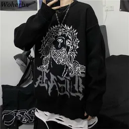 Woherb hajuku tröja kvinnor man punk streetwear jacquard print stickad pullover koreanska mode dra jumper unisex höst 211018