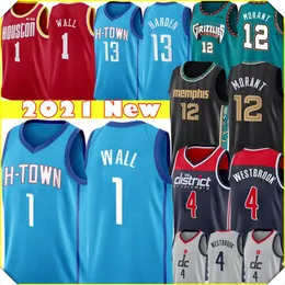 1 John Jersey Wall JA 12 Morant JerseysメンズRussell 4 WestbrookバスケットボールジャージS-XXLブルーレッドブラックホワイトステッチロゴ