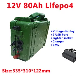 Army green 12V 80Ah Lifepo4 lithium battery pack built-in BMS for field survival Large ship machine +10A charger