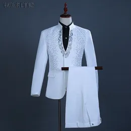 Белый вышитый алмазный костюм мужчина свадебный жених смокинг костюмы мужской стойки воротник выпускной сценический костюм мужские костюмы с брюками Ternos 210524