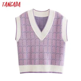 Tangada Kvinnor Vintage Plaid Oversized Knitted Vest V Neck Sweater Ärmlös Kvinna Waistcoat Tops Be404 210609