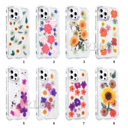 3 in 1 Real Dried Flower Transparent Cases For iPhone 13 13Pro 12 11 Pro XS Max X XR 6 7 8 Plus Bling foil Shockproof Dual Layer Protective Hard PC Soft TPU Phone Case Cover