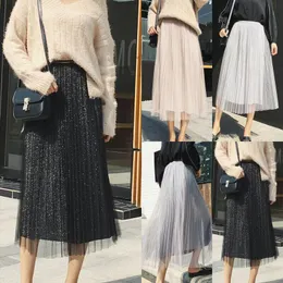 Skirts 2021 Est Womens Solid Shining Sequins Long Pleated Skirt Elastic Waist Double Layer Lace Party Evening