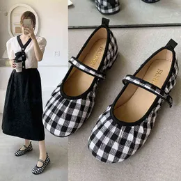 Klänning skor vrouwen lägenheter plaid katoen stof mary janes schoenen wit zwart ondiepe dames schoenen ademend bootschoenen zapatos mujer 9386n 220309