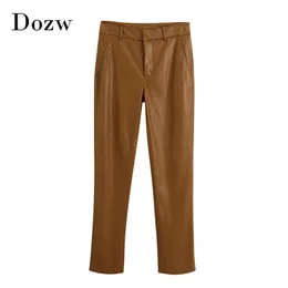 Vintage PU Faux Leather Brown Pants Women High Waist Fashion Long Zipper Fly Ladies Pencil Trousers Pantalones 210515