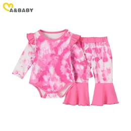 0-18m Född spädbarn Baby Girls Tie Dye Kläder Set Långärmad Romper Ruffles Byxor Outfit Höstdräkter 210515