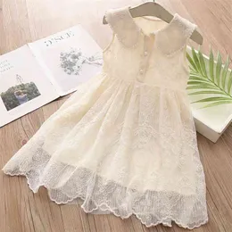 Girls Dress 3-12Years Old Summer Lace Embroidered Princess Birthday Gift Kids Flower Pearl Collar Sleeveless For Baby 210625