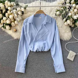 Wiosna Moda Koszulki damskie Notched Długoszemiony Satin Topy Blusas Rojas Mujer Solid Color Bluzki Ubrania S196 210527