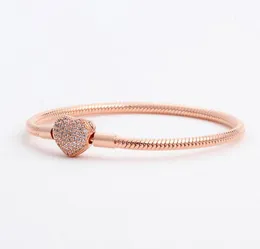 Luxury Fashion 18K Rose gold CZ diamond Heart Bracciali Scatola originale per Pandora 925 Silver Smooth Snake Chain Bracciale Gioielli da donna